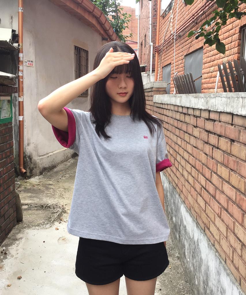 AWESOME STUDIO Color Block Roll-Up Sleeve T-Shirt Melange Grey