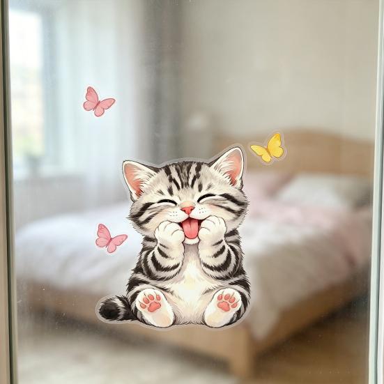 Cute Cat Window Cling, Cartoon Kitten Butterfly Decals, Reusable Watercolor Animal Static Glass Sticker for Kids Room Bathroom Decor
