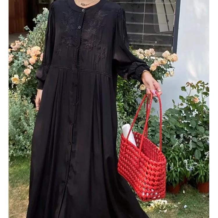 Spring Autumn Dress Women Floral Embroidery Fashion Ruffle Pleated Ladies Dresses Long Sleeve Loose Woman Dress