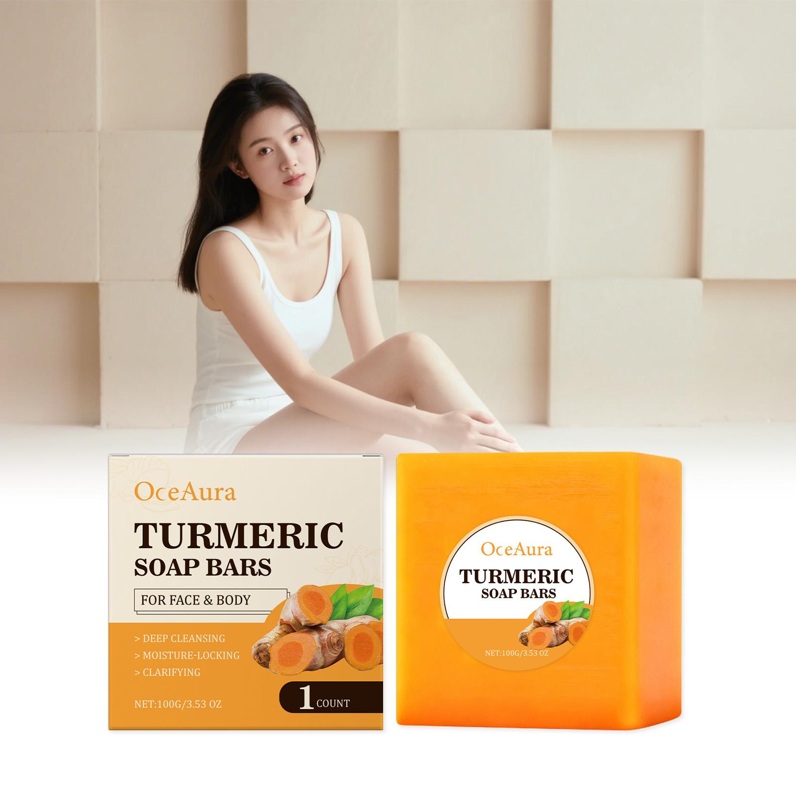

OceAura Turmeric Soap for Dark Spot Removal Clean Skin Brightening Deep Hydration Face Care Soft Honey Ginger Turmeric Soap Bar 100g
