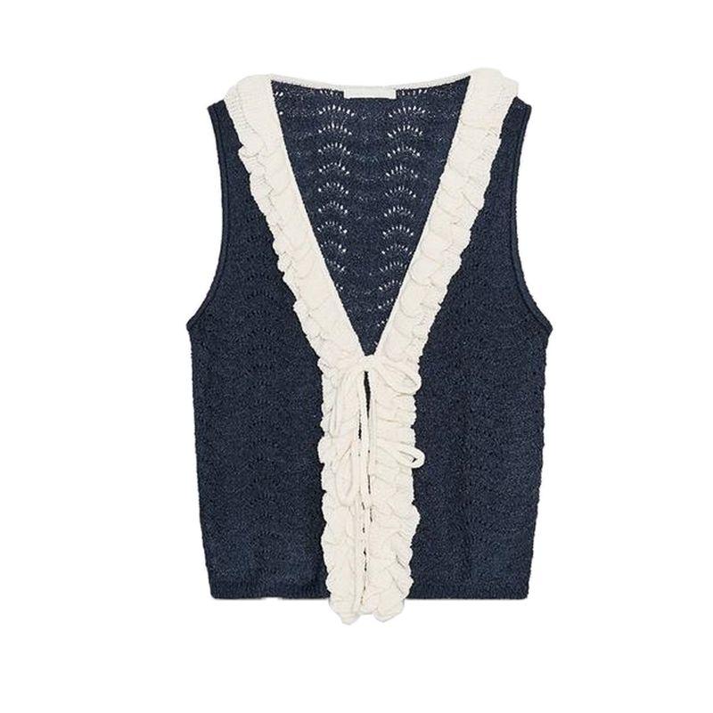 Summer New Product Women Clothes Holiday Style Bow Lace-up Contrast Color Laminated Decoration Sleeveless Top 8779636