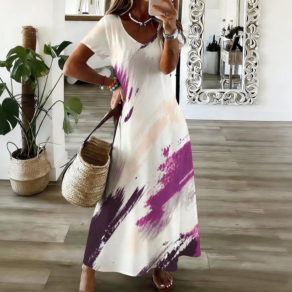 Women Plus Size V Neck Short Sleeve Printed Straight Maxi Dress