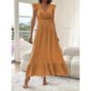 Women's Summer V-Neck Ruffle Short Sleeve Maxi Dress Shirred Elastic Waist Flowy Casual Beach Vacation Sundress