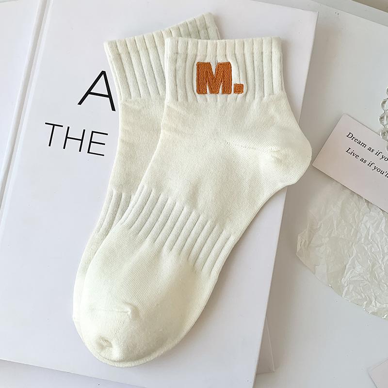 Women's Spring and Summer Short Socks, Solid-colored Cotton Socks, Embroidered Candy-colored Sports Socks, Thin Boat Socks