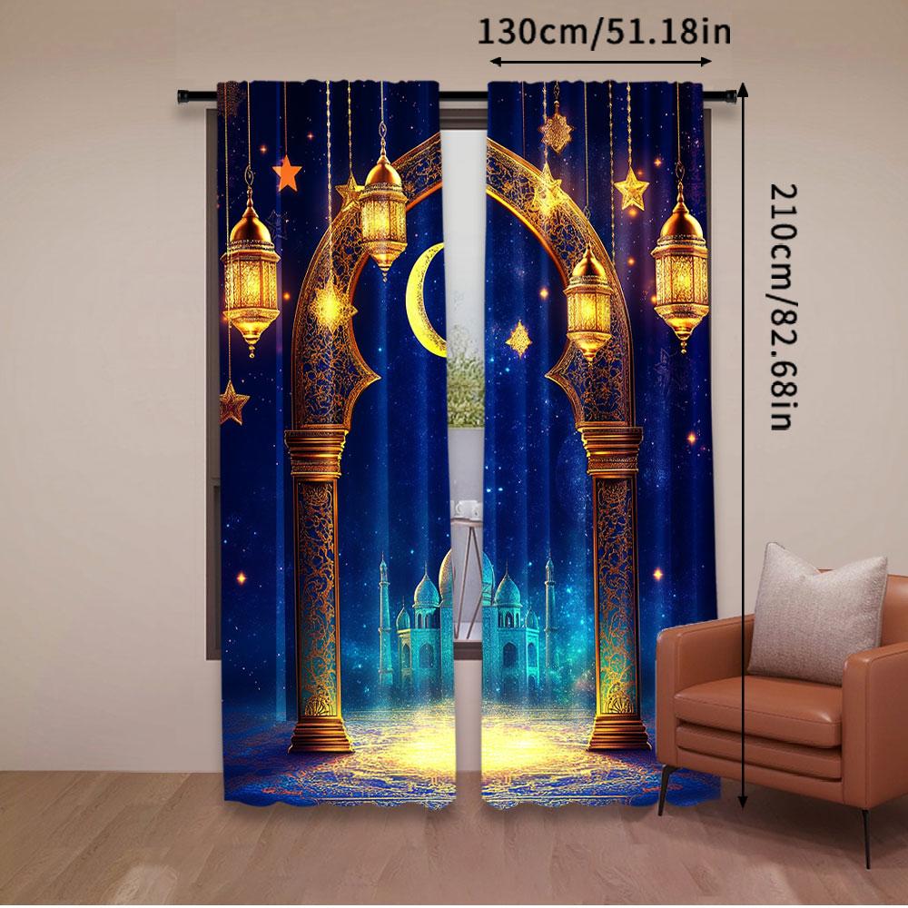 2Pcs Curtain Islamic Traditional Lanterns Backdrop Golden Dome Profile Moon Stars Decor For Living Room Bedroom