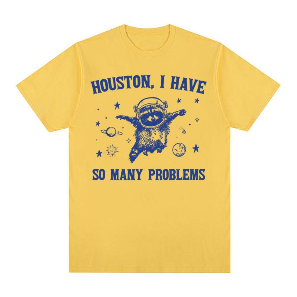 Grappig Retro Houston I Have So Many Problems Meme T-shirt Wasbeer in de Ruimte Grappig T-shirt Heren Dames Esthetisch T-shirt