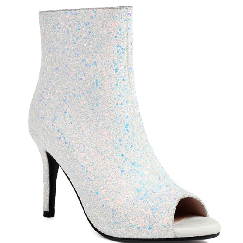 Módní luxusní kotníkové boty pro ženy s otevřenou špičkou, se sequinovými vysokými podpatky, dámské krátké boty, taneční párty boty, dámská velká velikost 48