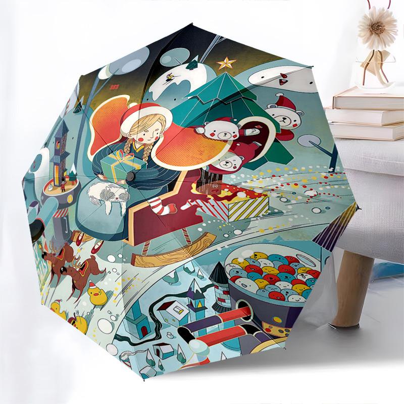 

1pc Christmas Edition Automatic Opening/Closing Umbrella, Portable Tri-Fold Design with 8-Rib Iron Frame, Perfect for Outdoor Use, Festive Gift for Fa