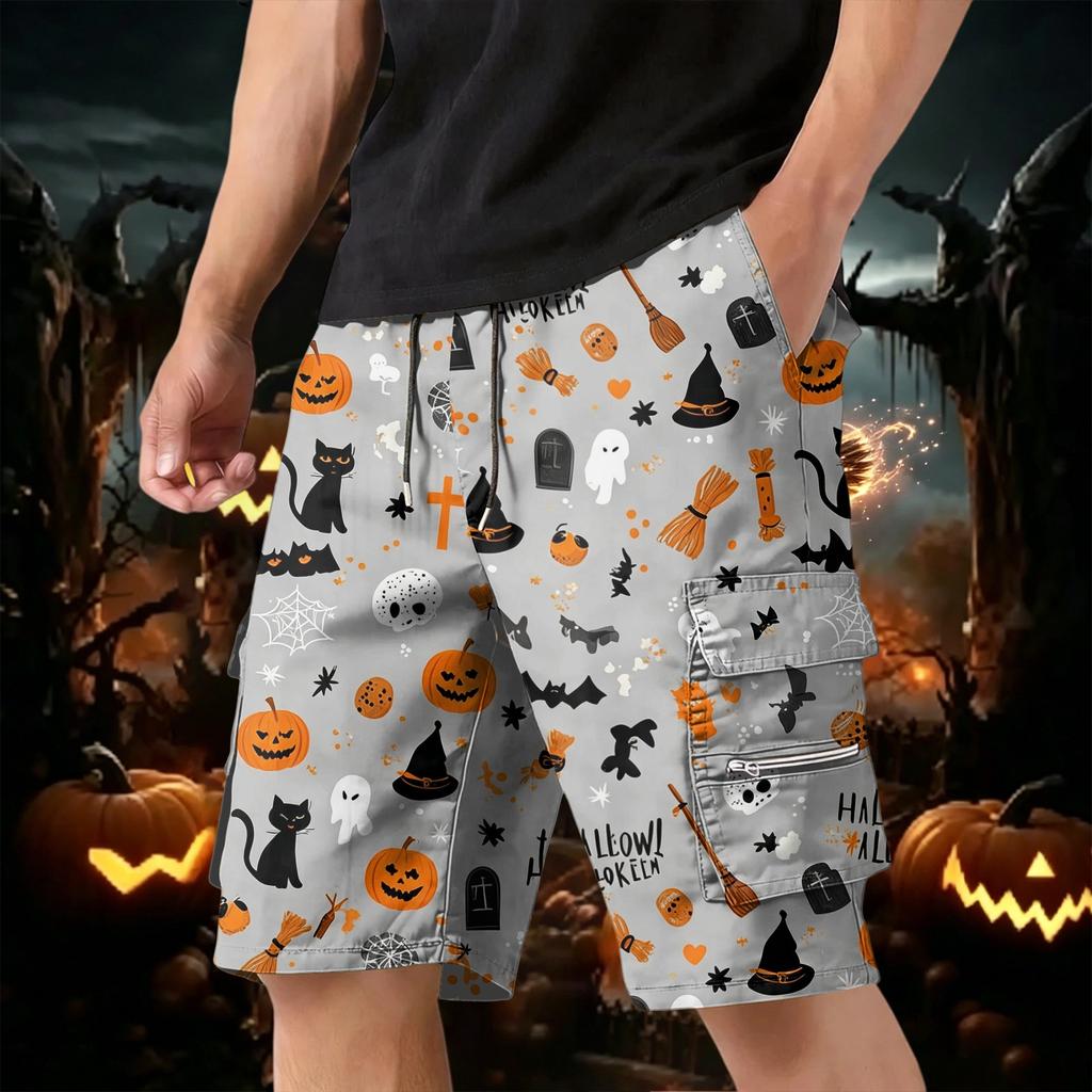 Mens Halloween Multi Pocket Drawstring Cargo Shorts with Pumpkin and Print for Casual Holiday Wear