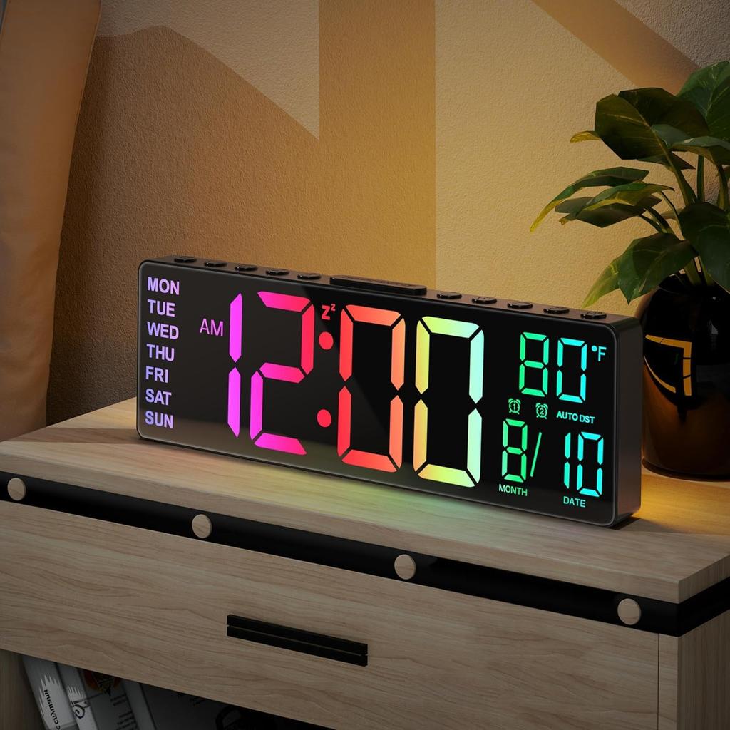 HUO JI Digital Clock, Wall and Tabletop Use, 10.5-inch LED Color Screen, Built-in Light, Remote Control, Temperature, Date, Day of the Week Display,
