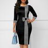 Women Sheath Dress OL Commute Style Three Quarter Sleeves Color Matching Slim Fit High Waist Round Neck Patch Work Business Occasion Midi Dress