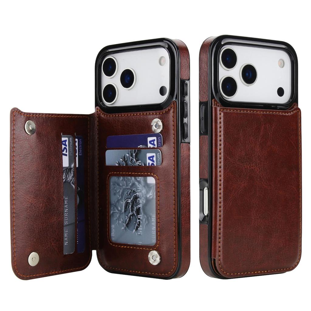 Kožené stojánkové pouzdro pro iPhone 17 Pro Max s držákem na karty a dvojitým zapínáním