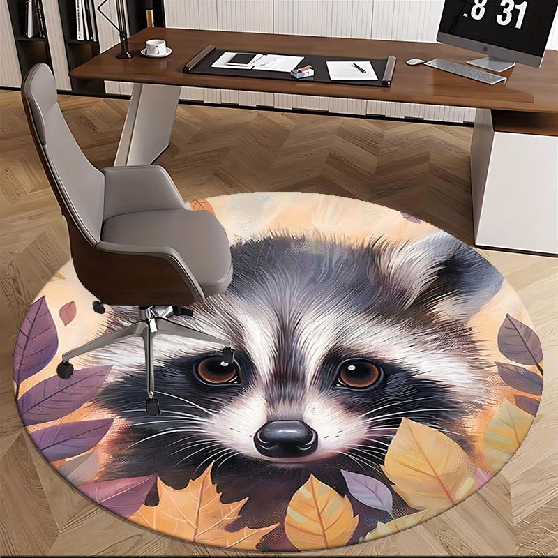 1pc Raccoon Face with Autumn Leaves Round Carpet Anime Design Chair Mat, Non Slip Rug for Office, Home Decor, Living Room, Bedroom