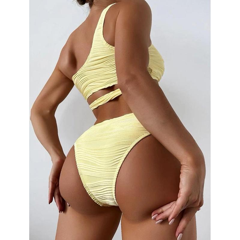 Sexy One Shoulder Wrinkled Metal Ring Bikini Women Swimwear Female Swimsuit Two-pieces Bikini Set Bather Bathing Suit Swim