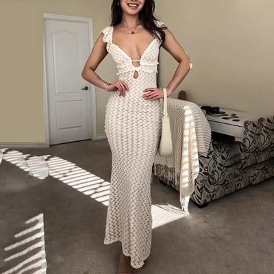 Vestidos de punto sexys con cuello en V profundo para mujer, vestido largo ajustado sin mangas con cintura alta, vestido largo de fiesta para mujer, vestido elegante de ganchillo para vacaciones en la playa, ropa femenina