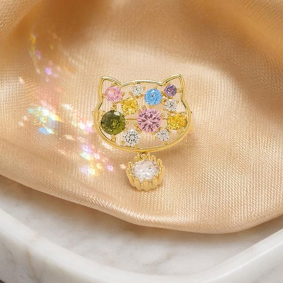 Brooch Pin, Cartoon Cat Design Lapel Pin with Cubic Zirconia, Anti-Exposure Button Cardigan Pin for Bags Hats