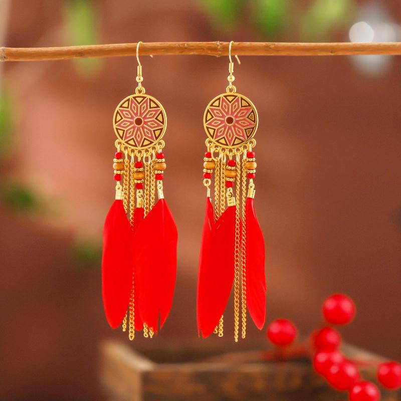 Bohemian Long Sun Flower Feather Earrings for Women Trendy Ethnic Retro Gold Color Chain Tassel Earring Wedding Vacation Jewelry