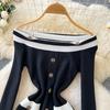 Sexy Slash Neck Elegant Striped Basics Long Sleeve Chic Button Slim Knit Dress Women Korean Fashion High Street Evening Clothing