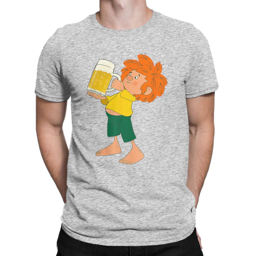 Men T-Shirt Pumuckl Drinks Beer Vintage Pure Cotton Tee Shirt Short Sleeve Anime Cartoon T Shirts Crew Neck Clothing Plus Size