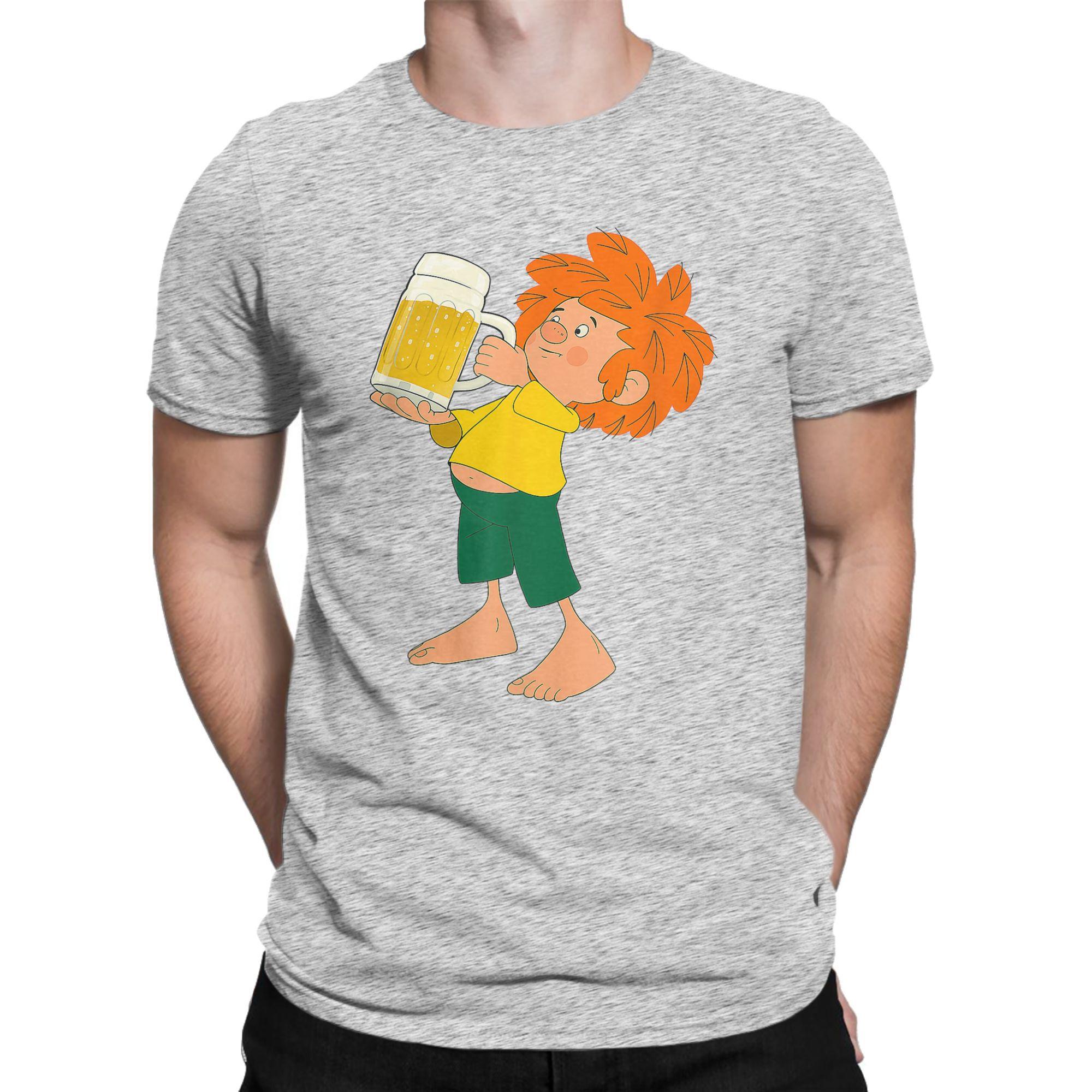 Herren T-Shirt Pumuckl Trinkt Bier Vintage Reines Baumwoll-T-Shirt Kurzarm Anime Cartoon T-Shirts Rundhals Bekleidung Übergröße XL