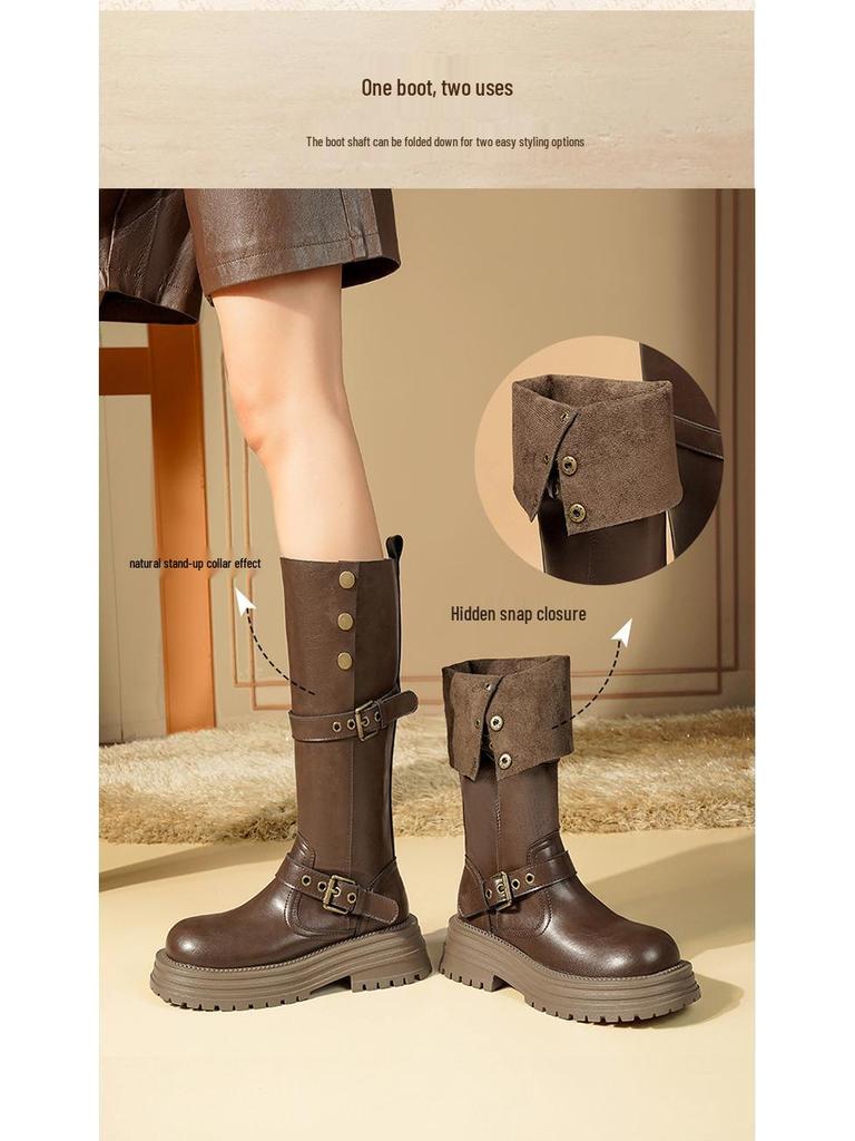 Women's Retro Western Knee-High Boots - Autumn 2025 Style, Thick-Soled, Slimming, High-Top Knight Boots