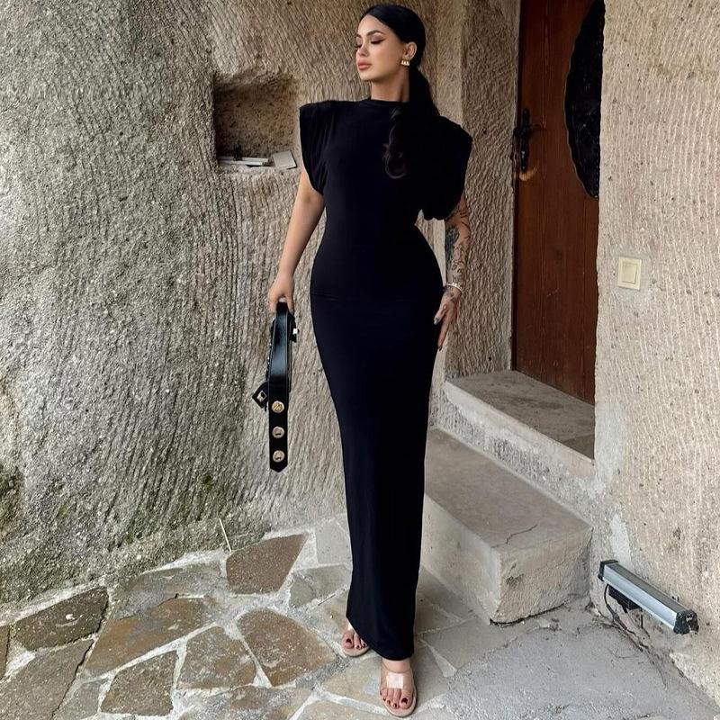 Women s spring new product fashion temperament back split sleeveless crew neck dress S чёрный