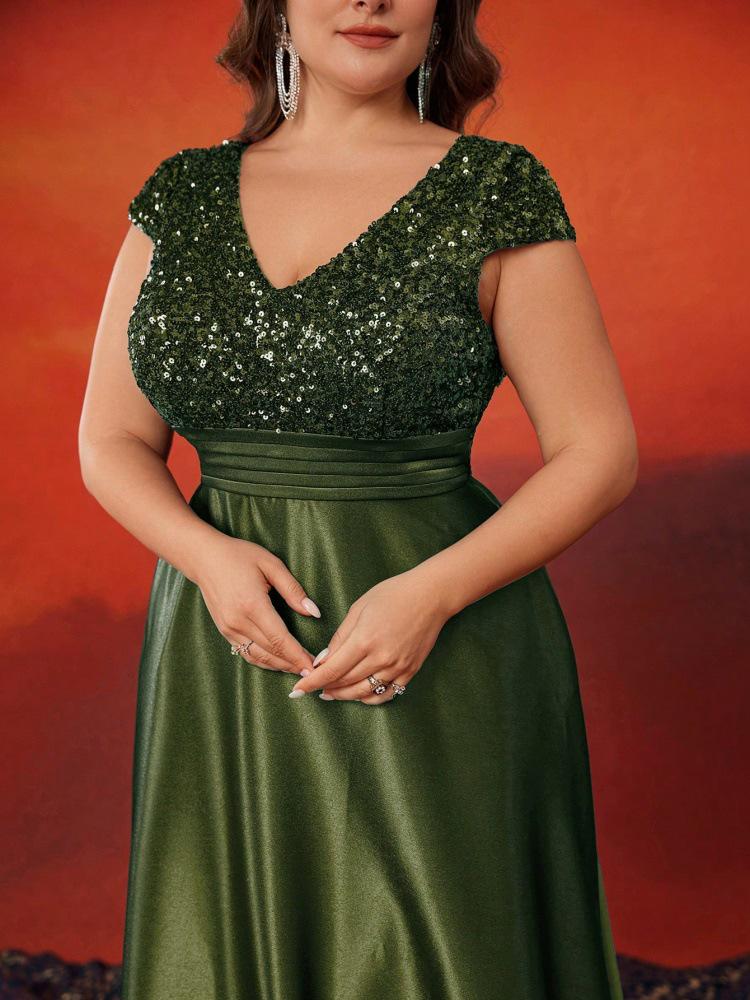 Elegant V-Neck Sequin Evening Gown - Satin A-Line Long Dress for Women
