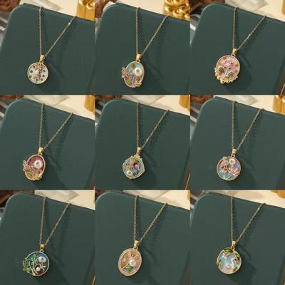 Hand Painted Oil Painting Floral Pendant Necklace New Chinese Elegant Collarbone Chain Jewelry