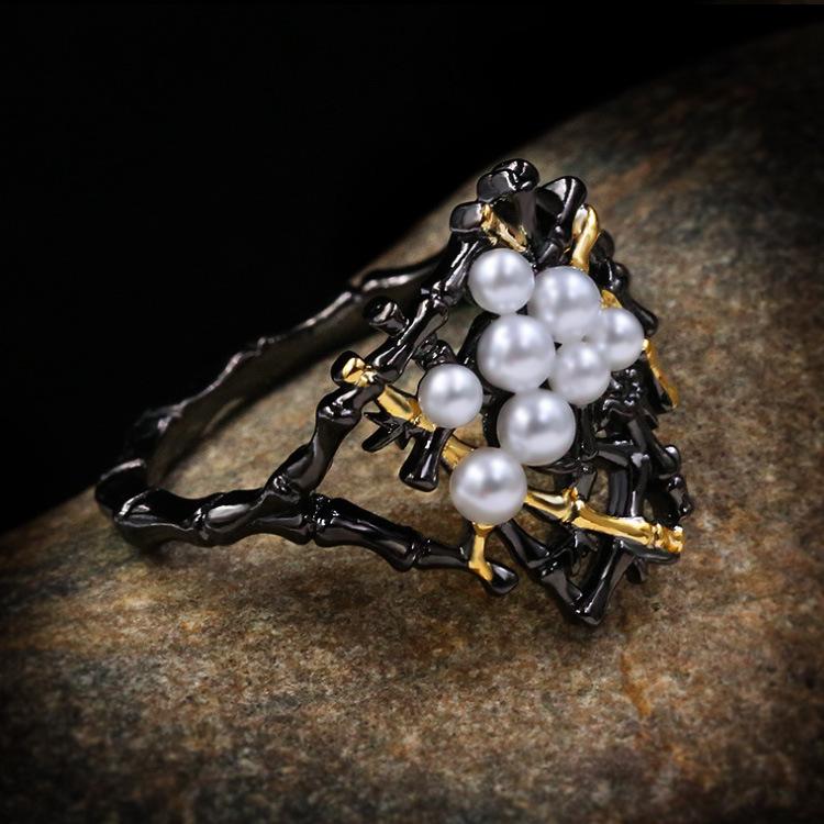 European and N Black Gold Three Piece Set Freshwater Pearl Bicolor Tide Fashion Japanese Retro Mori Cool Style Jewelry