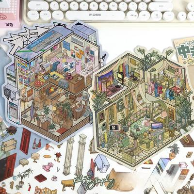 3D Miniature House Sticker Sheet Vintage Diorama Scenery Decals for Journaling Retro Room Landscape Stickers for Scrapbooking