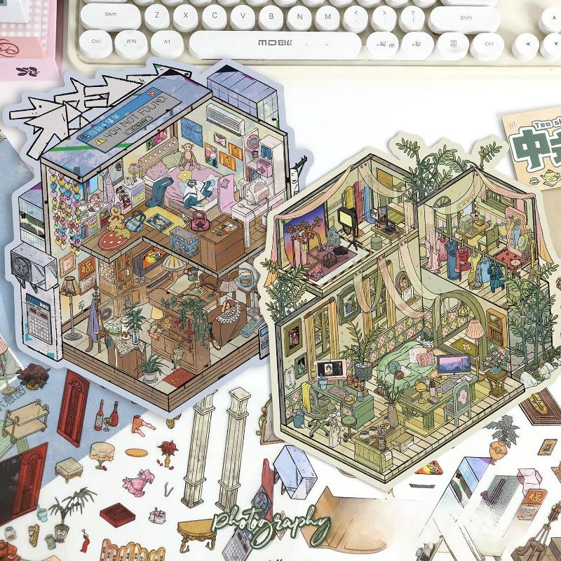 3D Miniature House Sticker Sheet Vintage Diorama Scenery Decals for Journaling Retro Room Landscape Stickers for Scrapbooking