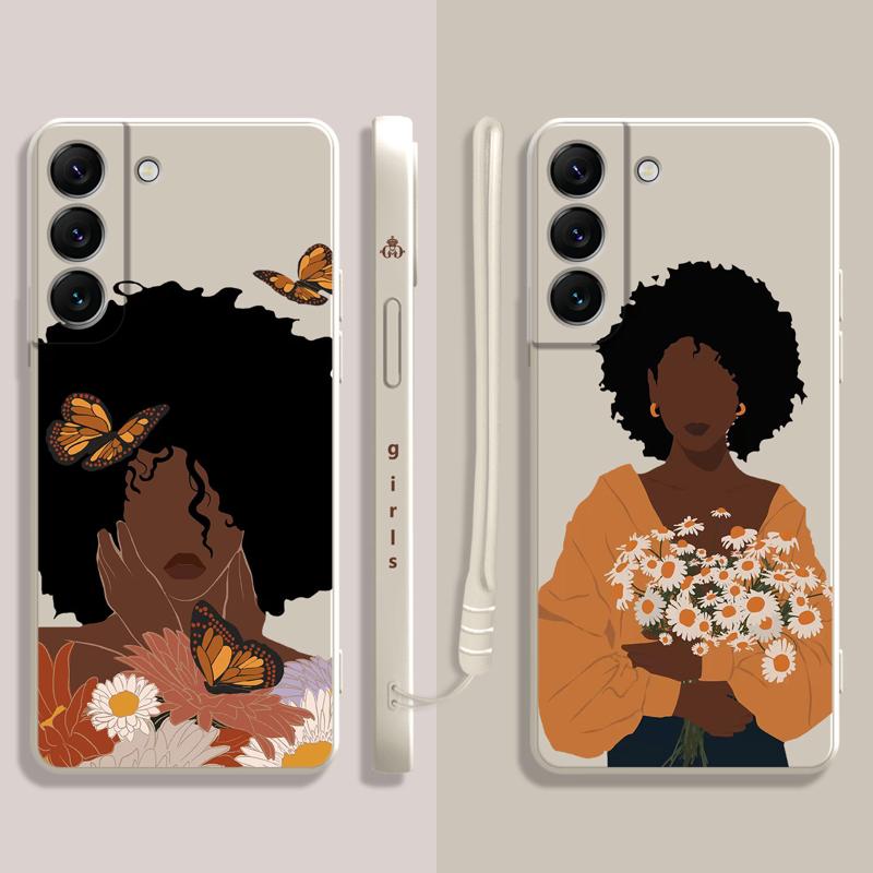 Pretty African Girl Daisy Flower Butterfly Liquid Case For Samsung Galaxy S22 S21 S20 Fe Ultra S10 S9 S8 Plus S10e Note 20 Lite