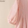 ZANZEA Women Grid Print Casual Round Neck 3/4 Sleeve Blouse