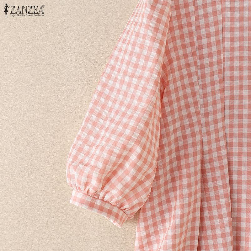 ZANZEA Women Grid Print Casual Round Neck 3/4 Sleeve Blouse