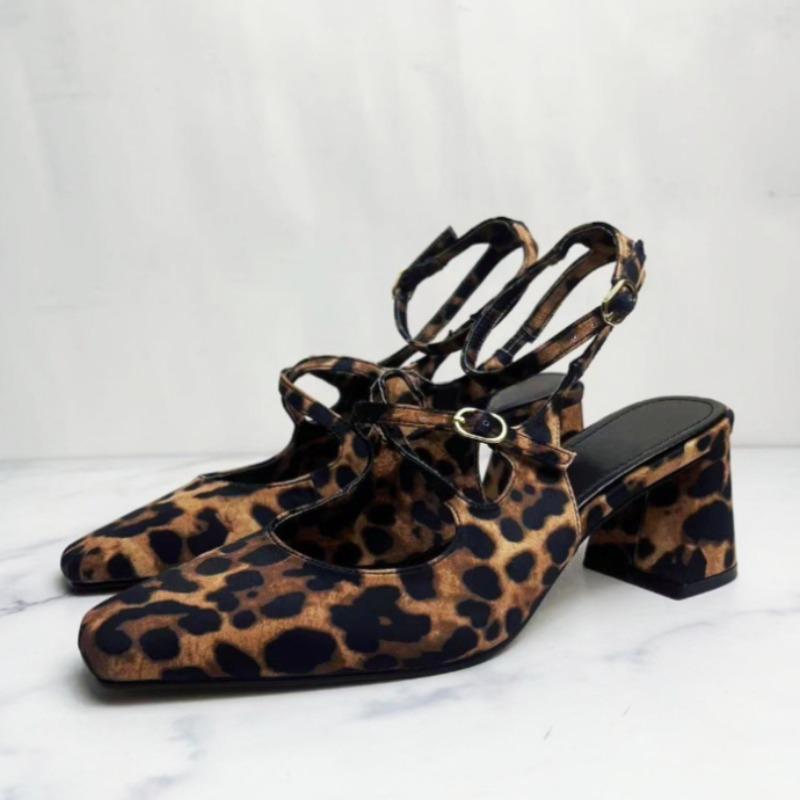 Spring High Heels Women's Mary Jane Shoes Retro Leopard Print Sexy Ankle Strap Slingbacks Luxury Designer Ladies Pumps