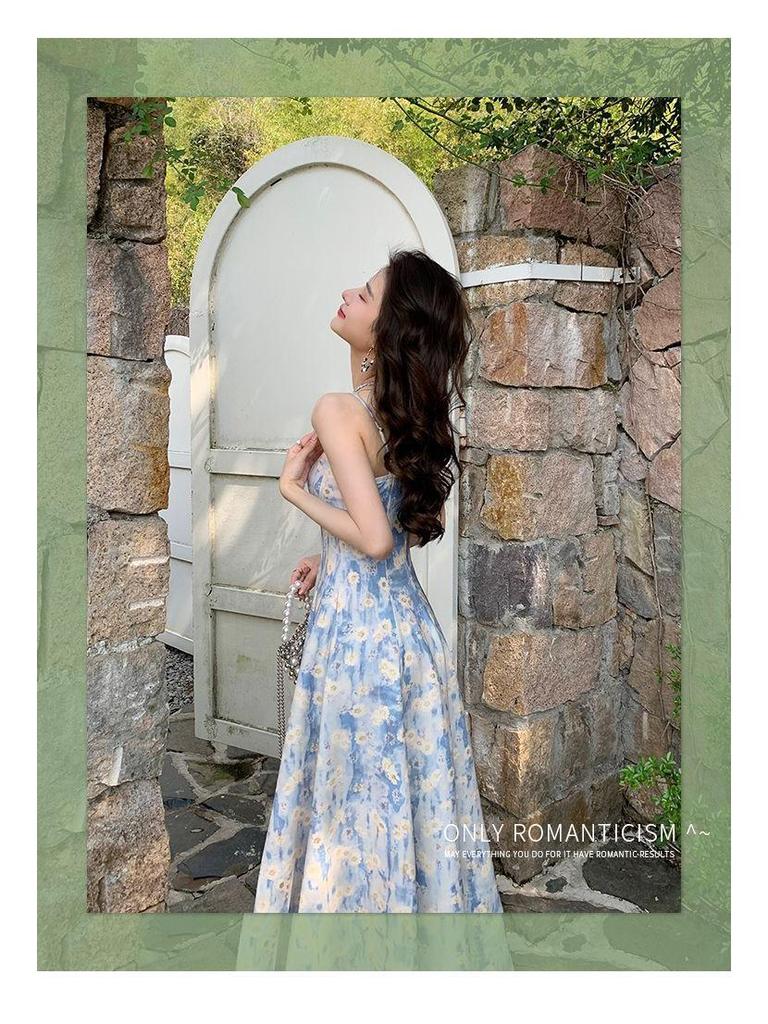 French Blue Floral Strappy Maxi Dress - Elegant Summer Beachwear