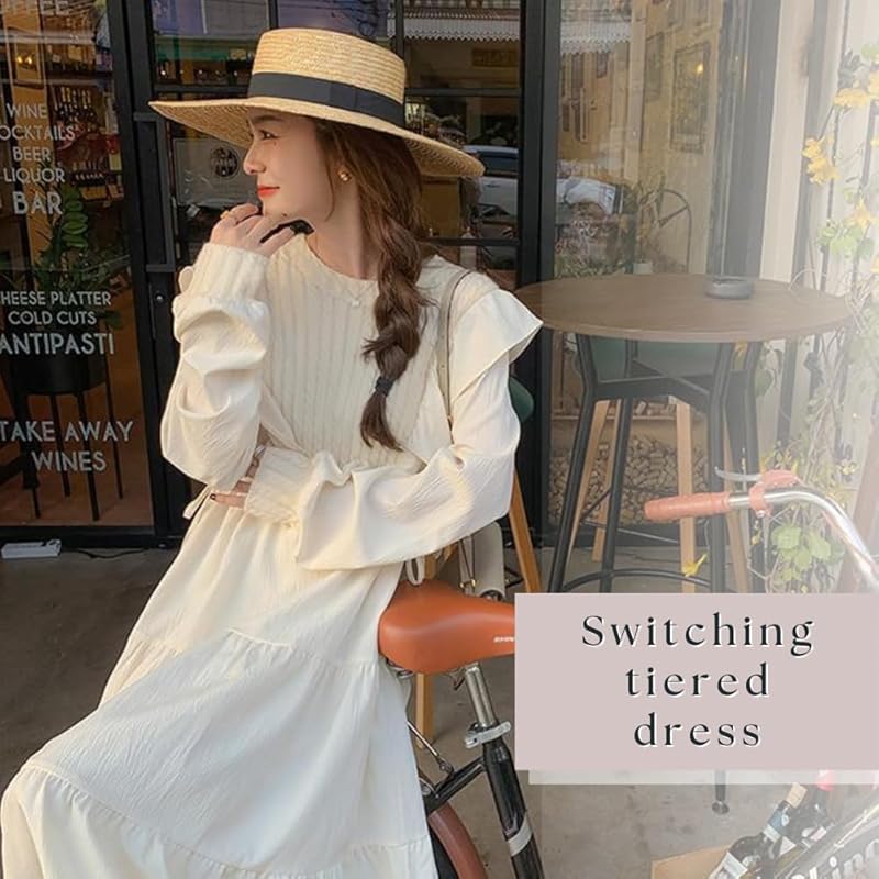 [ALVEIN] ladies one piece tiered skirt long sleeve flare long Calf length Beautiful switching chiffon shoulder ruffle (JP, alphabet, L, apricot)