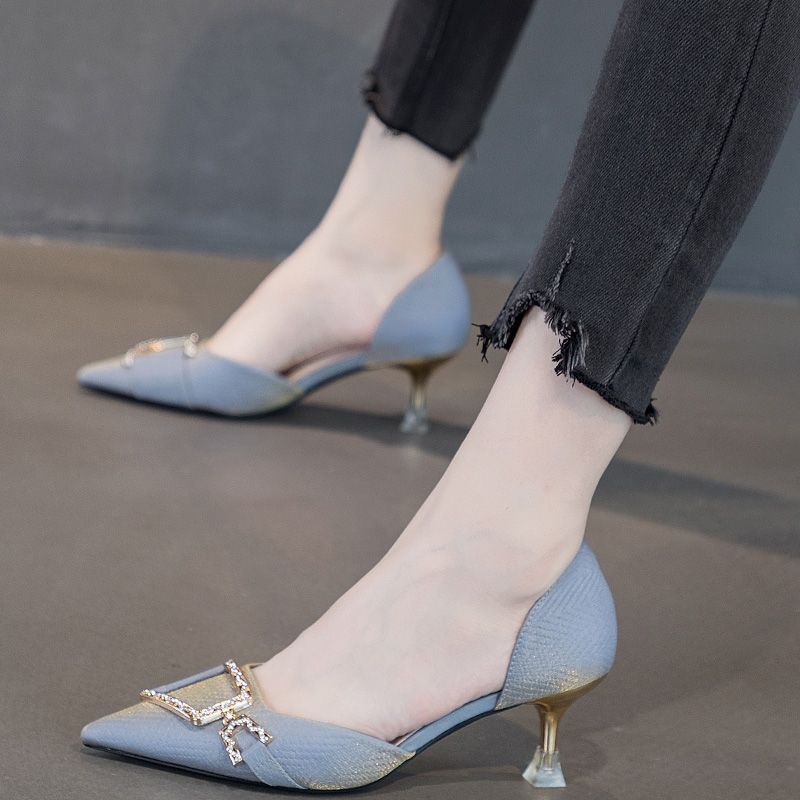 Rhinestone Square Buckle Fashion Hollow Pointed Head with Skirt Stiletto Single Shoes 2024 Summer and Autumn New French High Heels Women