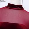 VONDA Women Stand Neck 3/4 Batwing Sleeve Mesh Patchwork Velvet Loose Long Tunic Blouse