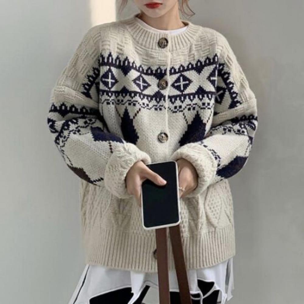 Navava Women Argyle Pattern Round Neck Long Sleeve Knit Cardigan Nk3515