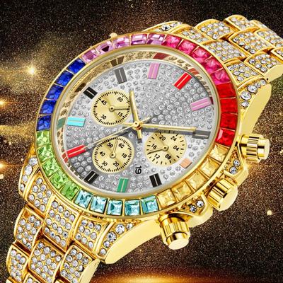 Herrenuhr, Quarzuhr, Chronograph, bunte Iced-Out-Uhr aus Stahl