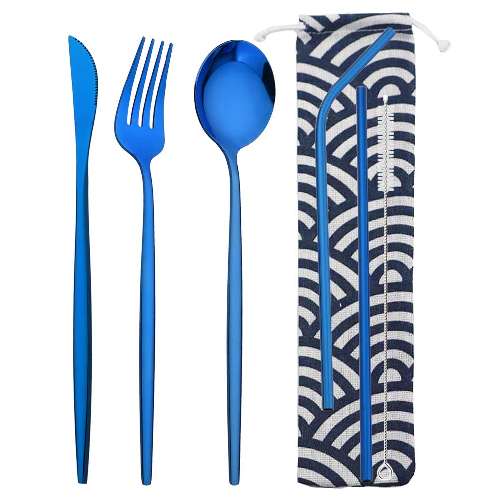 6Pcs Travel Camping Cutlery Set Travel Flatware Set Knife Fork Spoon Straw With Portable Bag Stainless Steel Tableware Set
