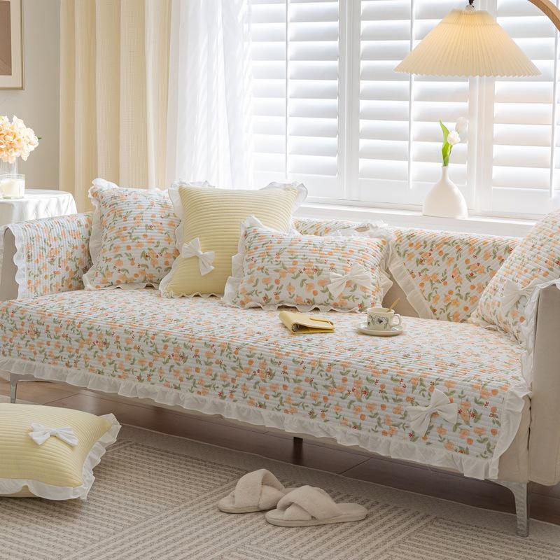 Universal Cotton Solid Color Sofa Cushion for All Seasons Korean Style Pastoral Fresh Ruffle Edge Non-slip Sofa Cushion Towel Full Cover