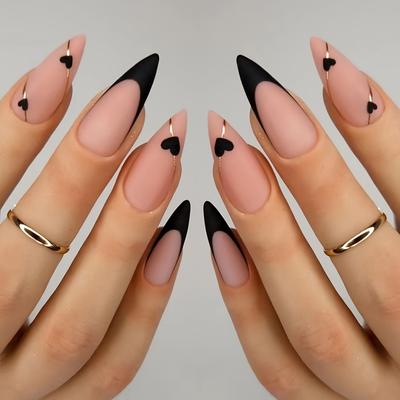24Pcs Heart Press On Nails French Pointed Tips Nails Black Nude Fake Nails With Heart Design Acrylic Nails Glue On Nails
