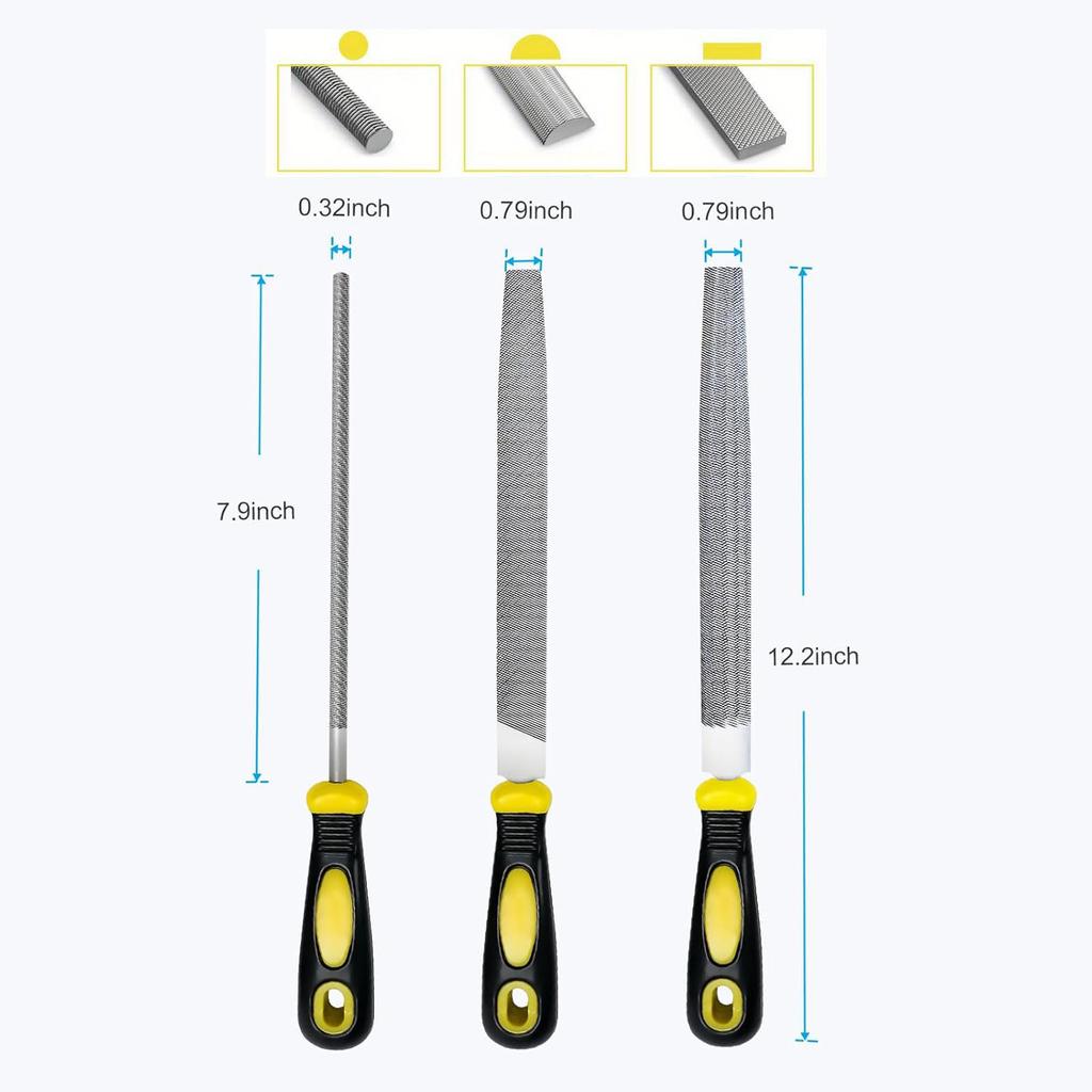 Metal File Set 3Pcs 8-Inch Flat Round Half-Round Files Durable Hand Files Work for Metal Wood Smoothing Shaping Deburring
