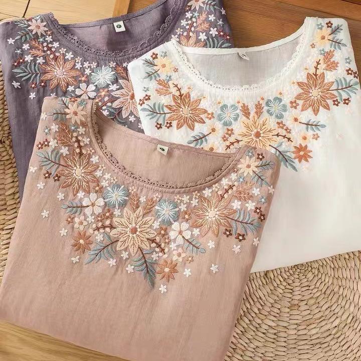 Damskie Letnie Bawełniano-Lniane Bluzki z Kwiatowym Haftem Retro Luźny T-shirt z Okrągłym Dekoltem dla Kobiet