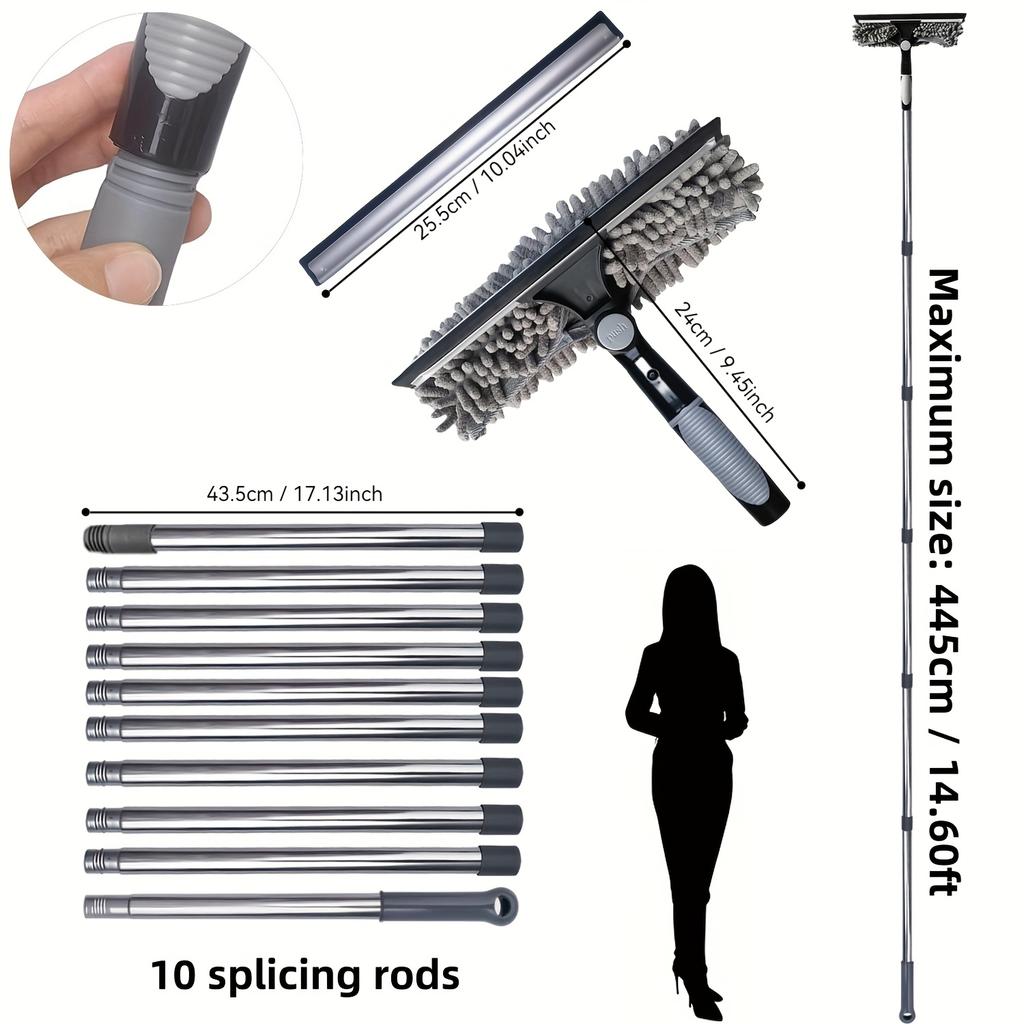 2-in-1 High Waist Window Cleaning with 10 Joint Extension Pole Stainless Steel Scraper and Squeegee Reusable Microfiber Cloth