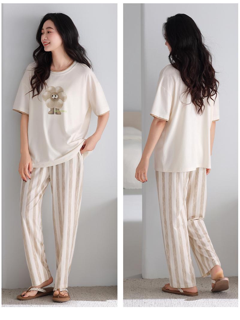 

Women s Korean Style Summer Pajamas with Built-in Bra - Short Sleeve, Long Pants, Plus Size, Outdoor-Friendly, Modal Cotton XL (60-70 kg)