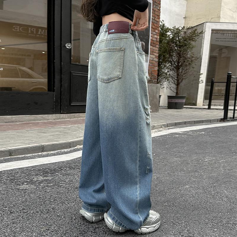 Girls Ripped Distressed Jeans Baggy Wide Leg Pants with Stretchy Waist Gradient Denim Pants for Kids Children Age 5-14Y