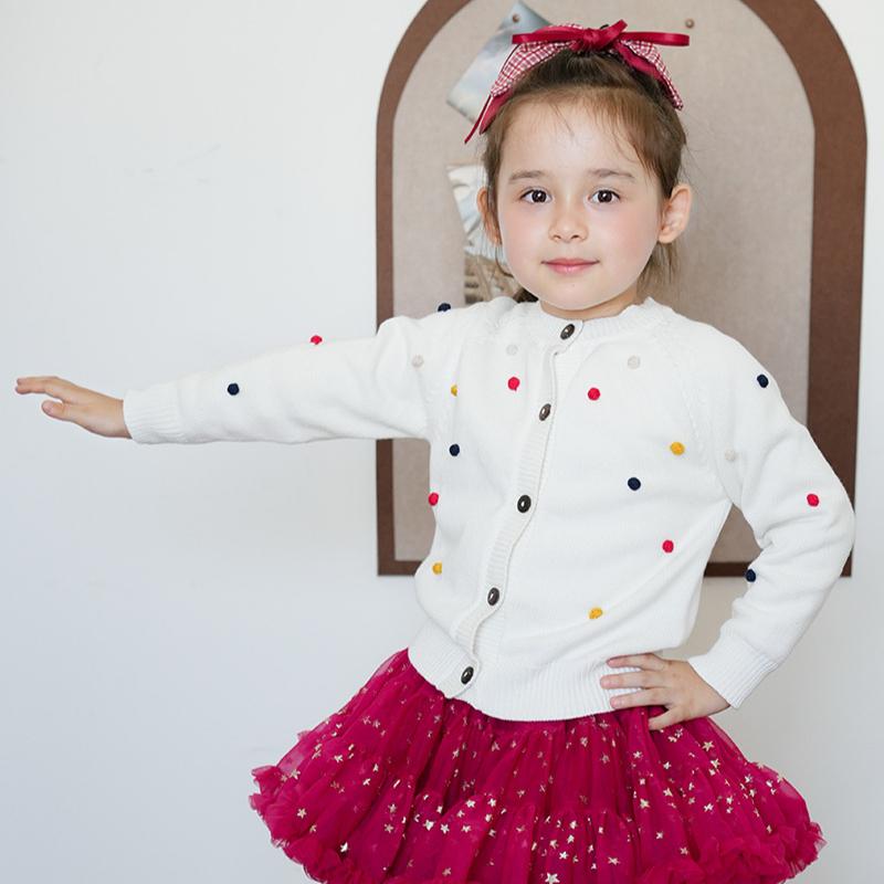 Primavera e Outono Gola Redonda Crochê à Mão Bola Colorida Casaco Cardigan Infantil Algodão Puro Meninas Cardigan Tricotado